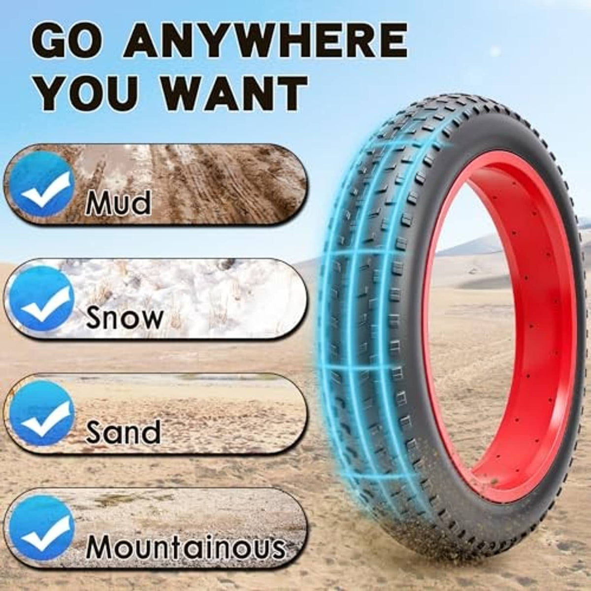 Fat bike tire with red rim and knobby tread for outdoor riding