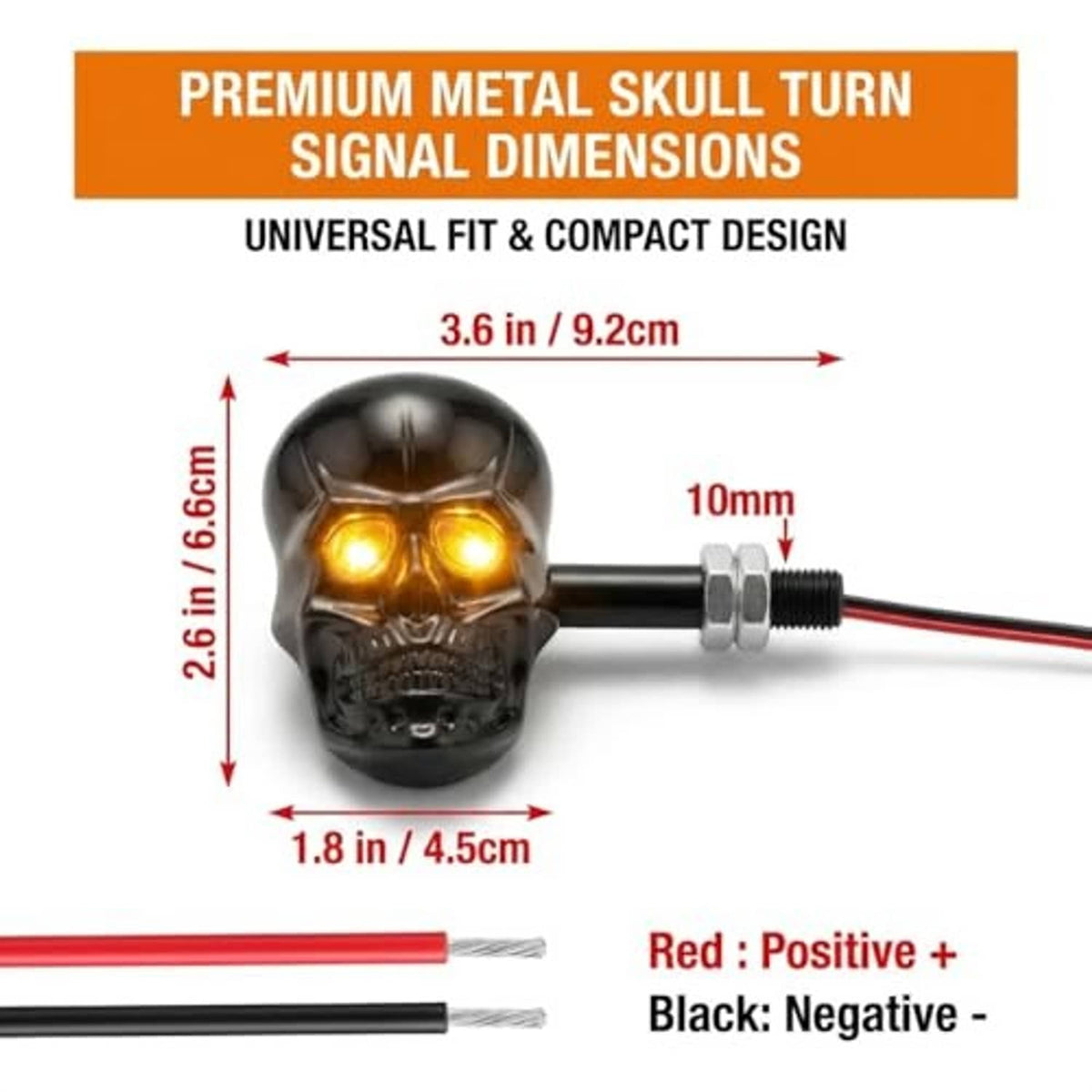Black skull LED amber turn signal with 10mm thread and red/black wire leads