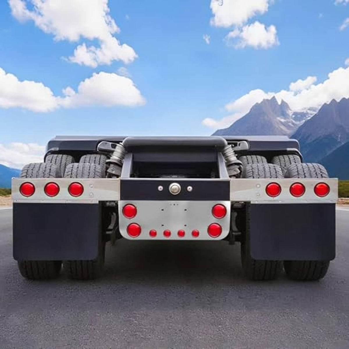 Rear center tail light panel in stainless steel with red circular lenses and round cutouts