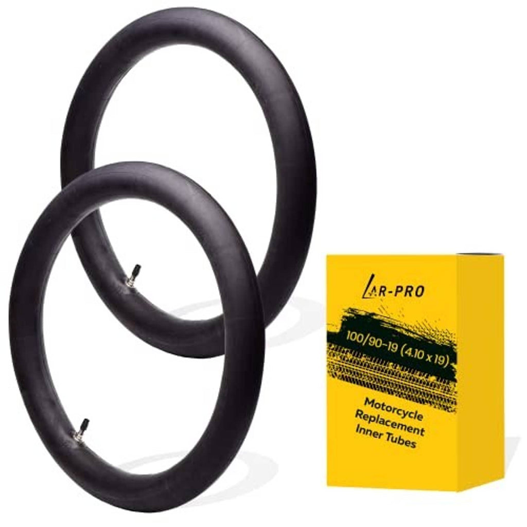 2-pack black motorcycle inner tubes with valve stems, overlapping view