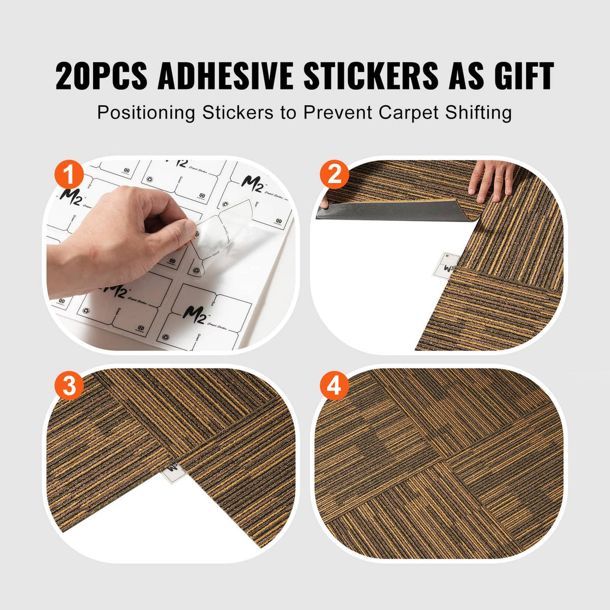 Brown striped carpet tile corners aligned with small adhesive positioning stickers