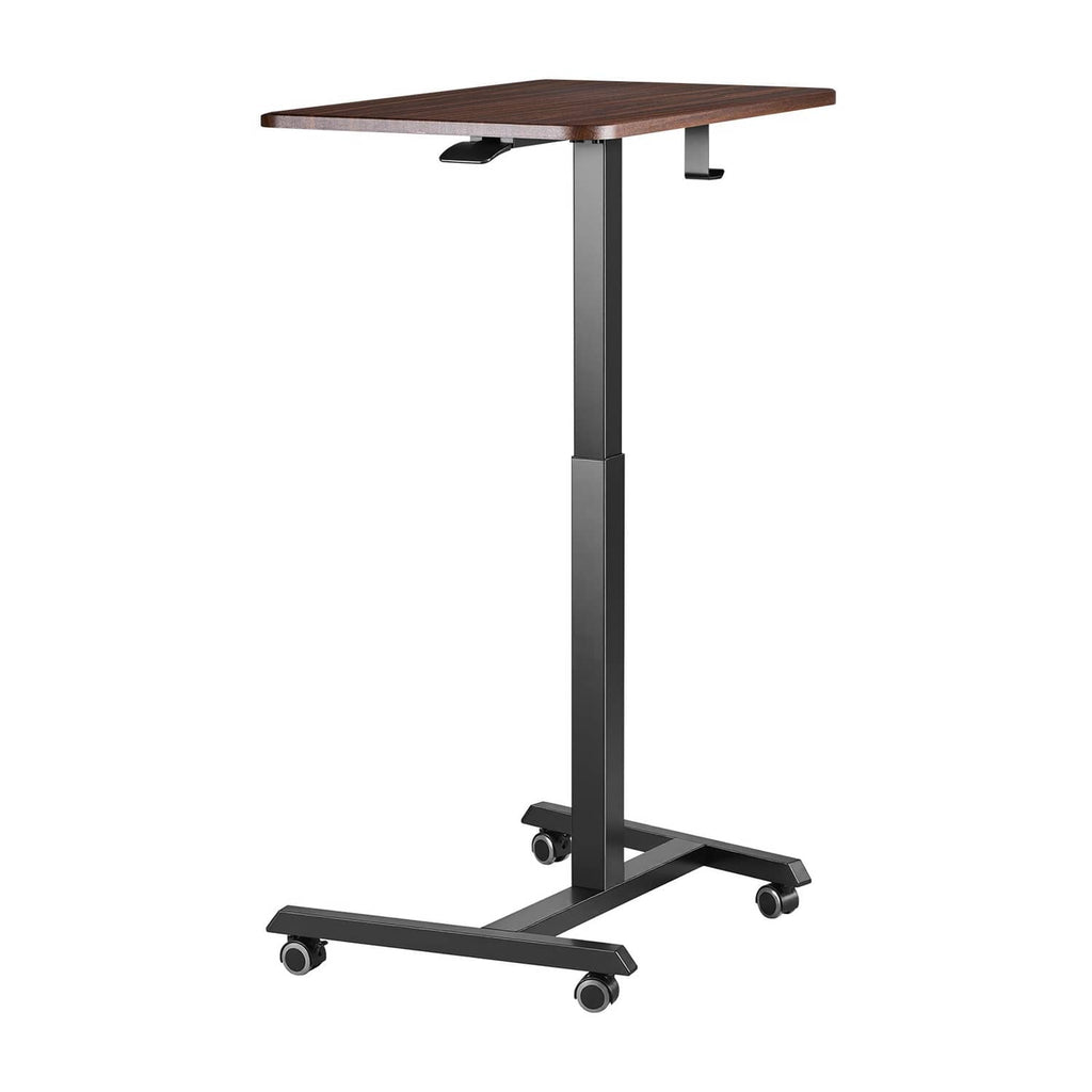 Adjustable height standing desk with dark wood top and rolling caster base