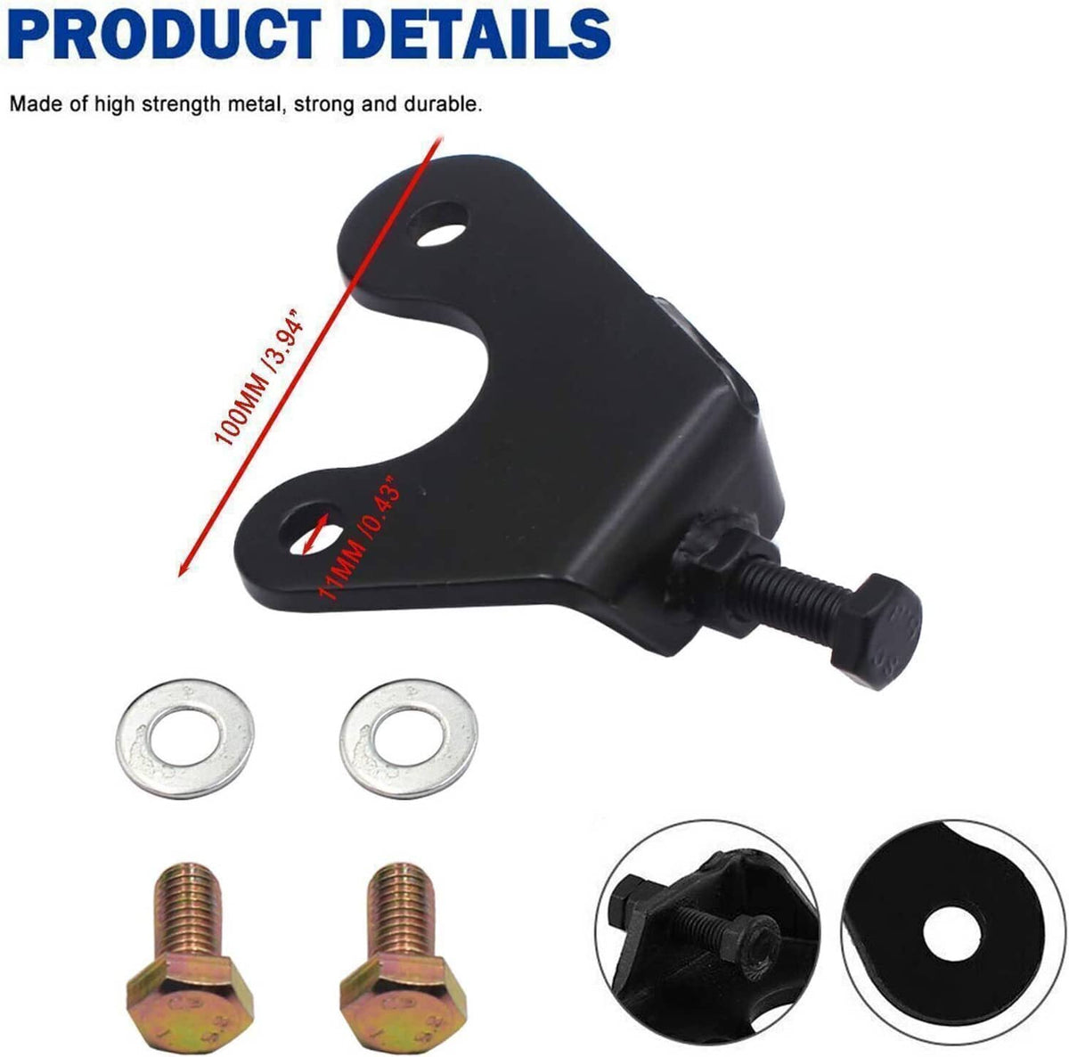 Black exhaust manifold bolt repair bracket with threaded screw, washers, and gold bolts