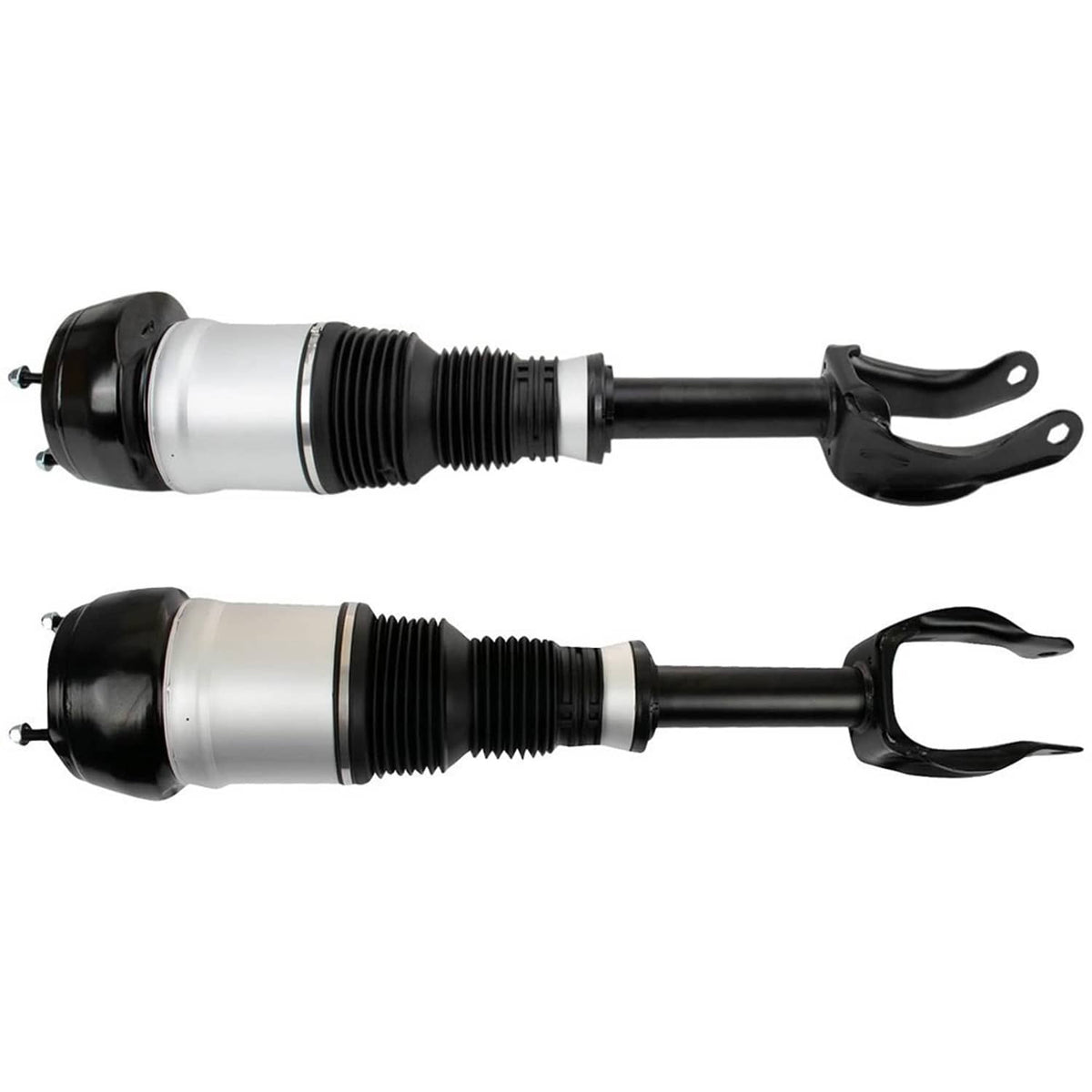 Pair of front air suspension shock struts with fork mounts and black accordion boots