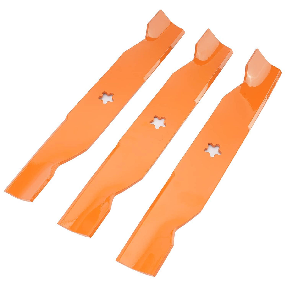 Three orange mower blades angled view with star-shaped mounting holes