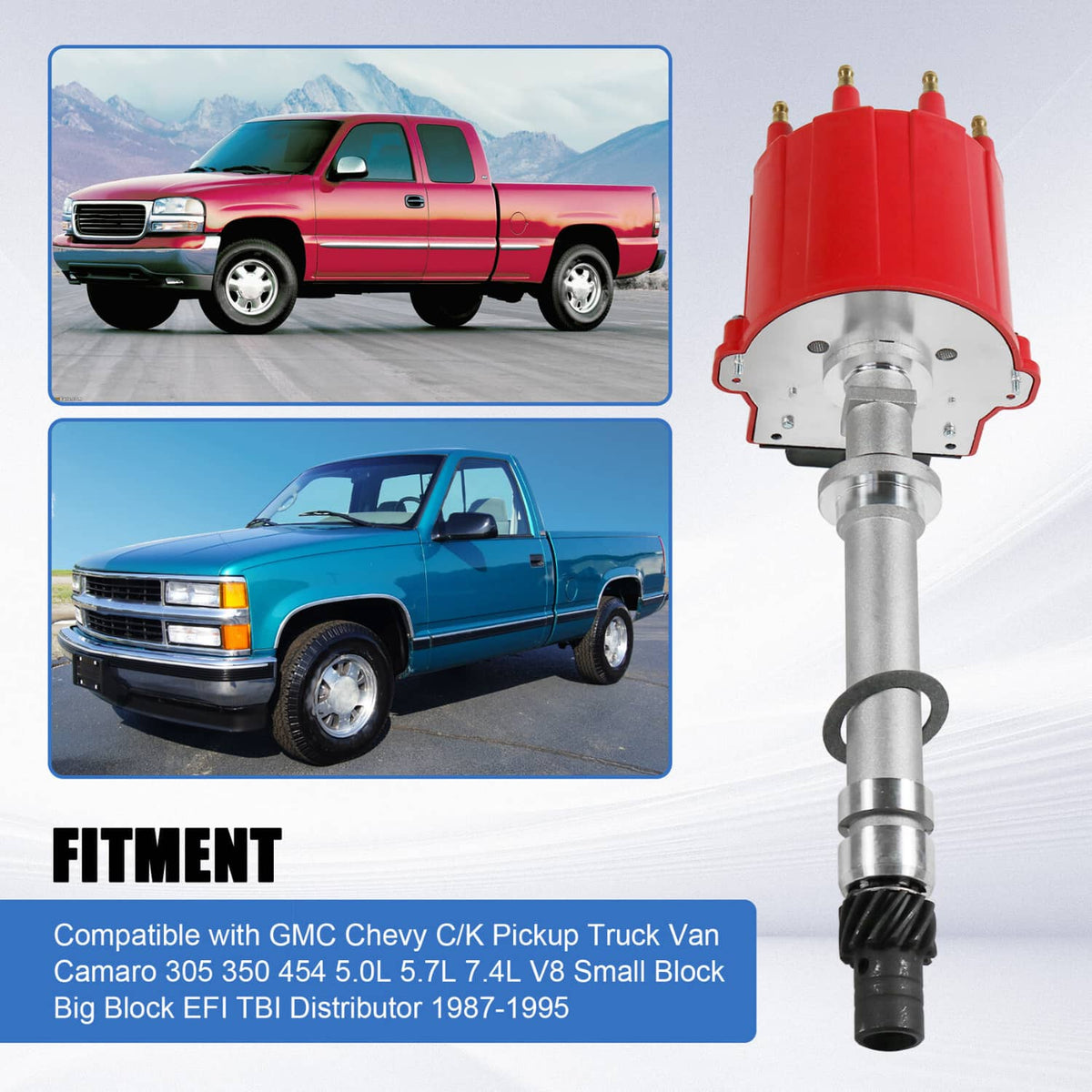 Red ignition distributor with silver housing and cap terminal posts