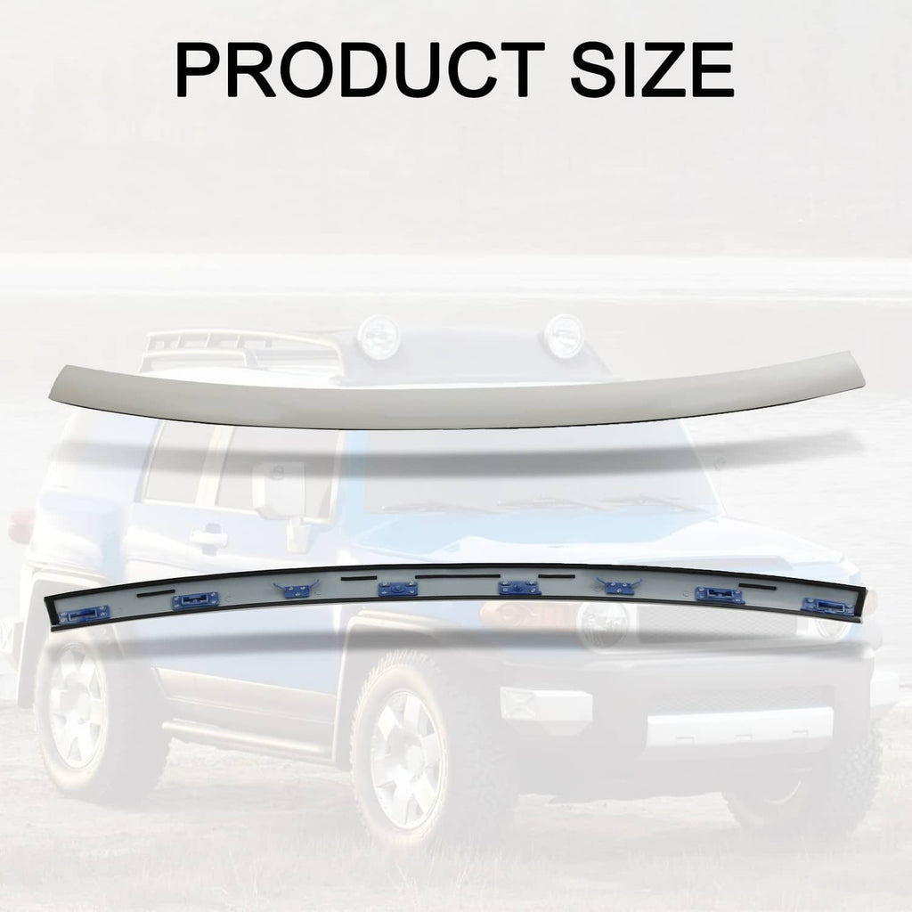 Front windshield upper reveal molding, light gray curved trim strip with mounting clips