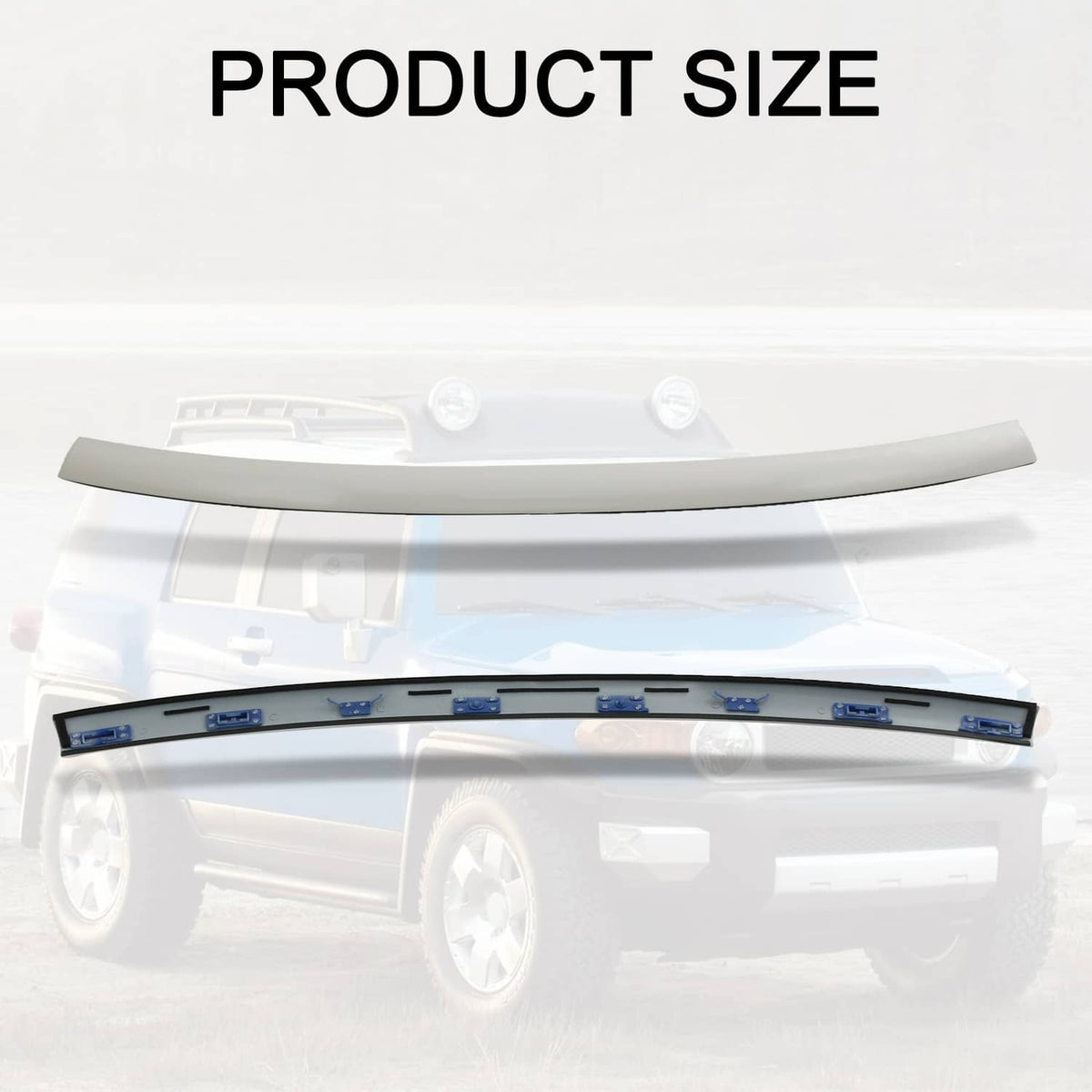 Front windshield upper reveal molding, light gray curved trim strip with mounting clips
