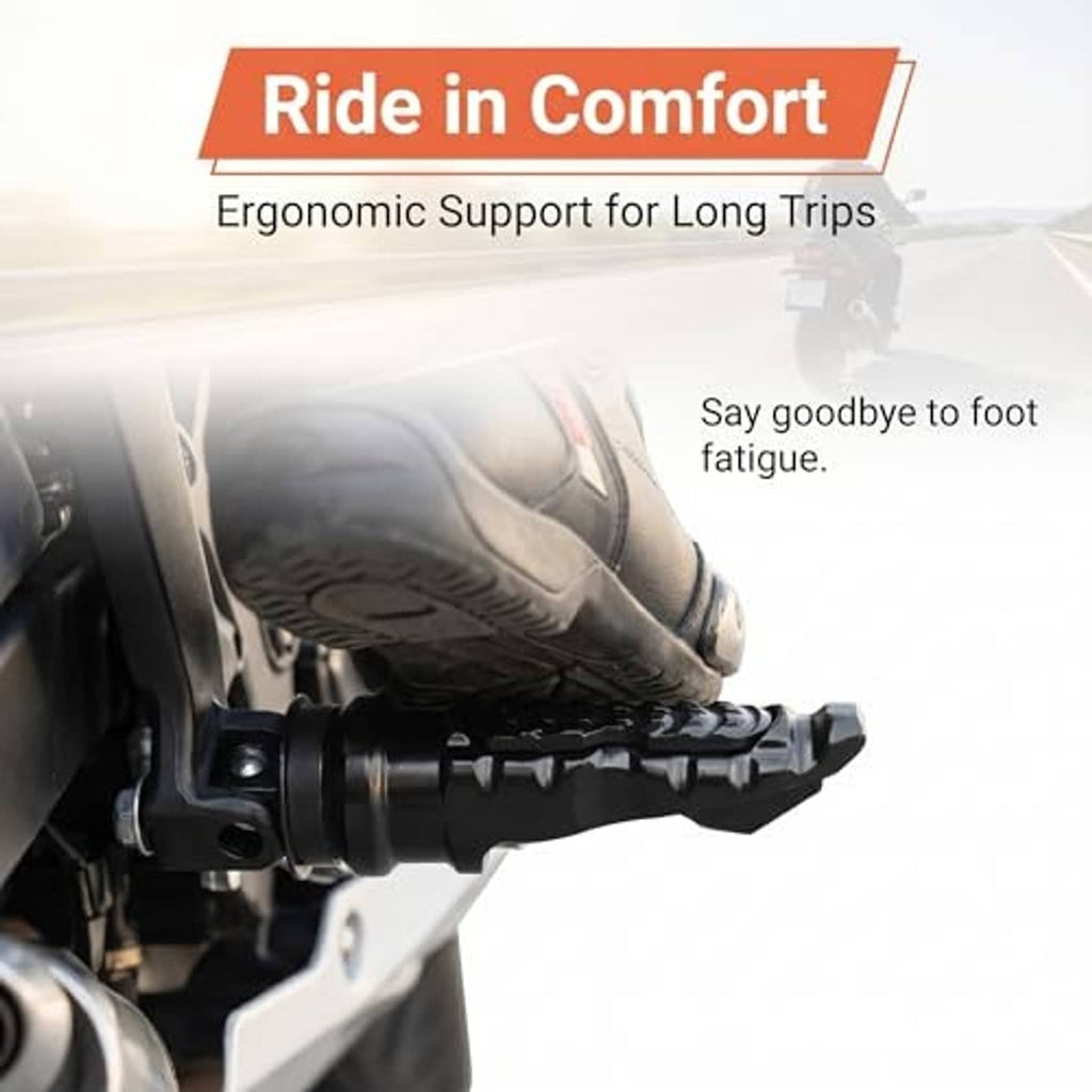 Black motorcycle rear passenger foot peg with textured tread on side bracket