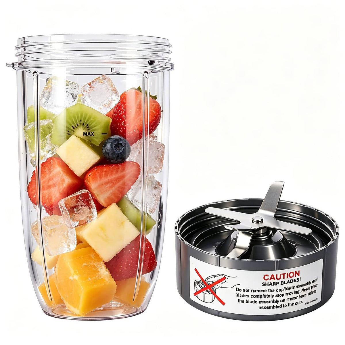 Clear 24 oz blender cup with mixed fruit and black warning blade base