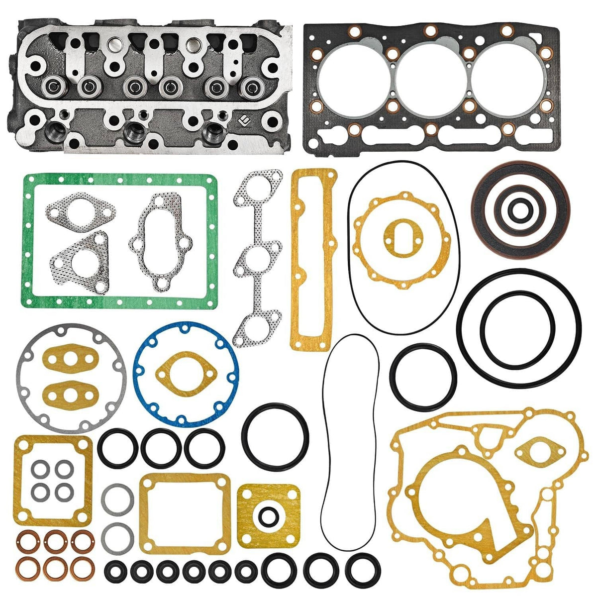 Cylinder head gasket kit with assorted gaskets, O-rings, and seal pieces