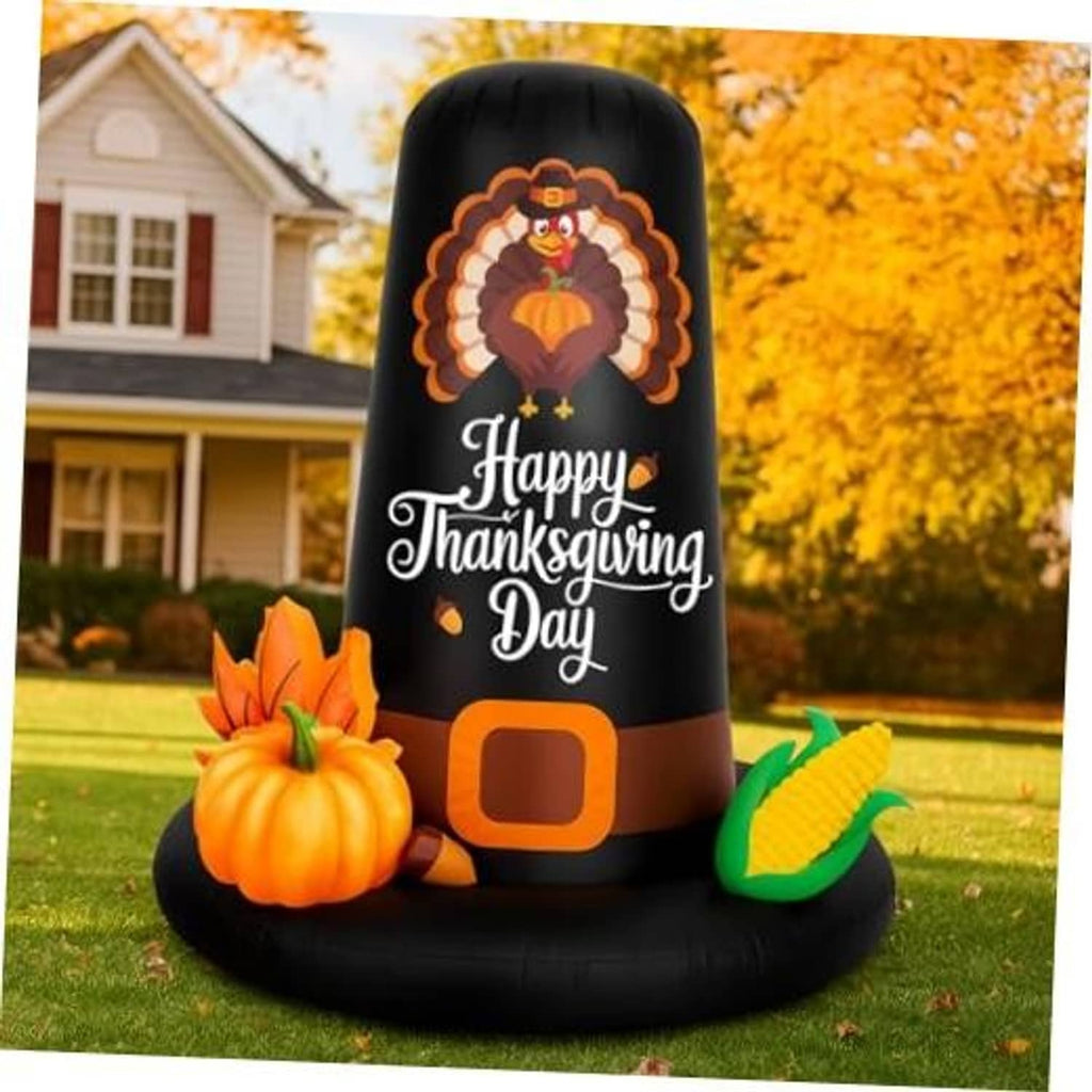 Inflatable black pilgrim hat with LED glow, Happy Thanksgiving Day print, pumpkin and corn