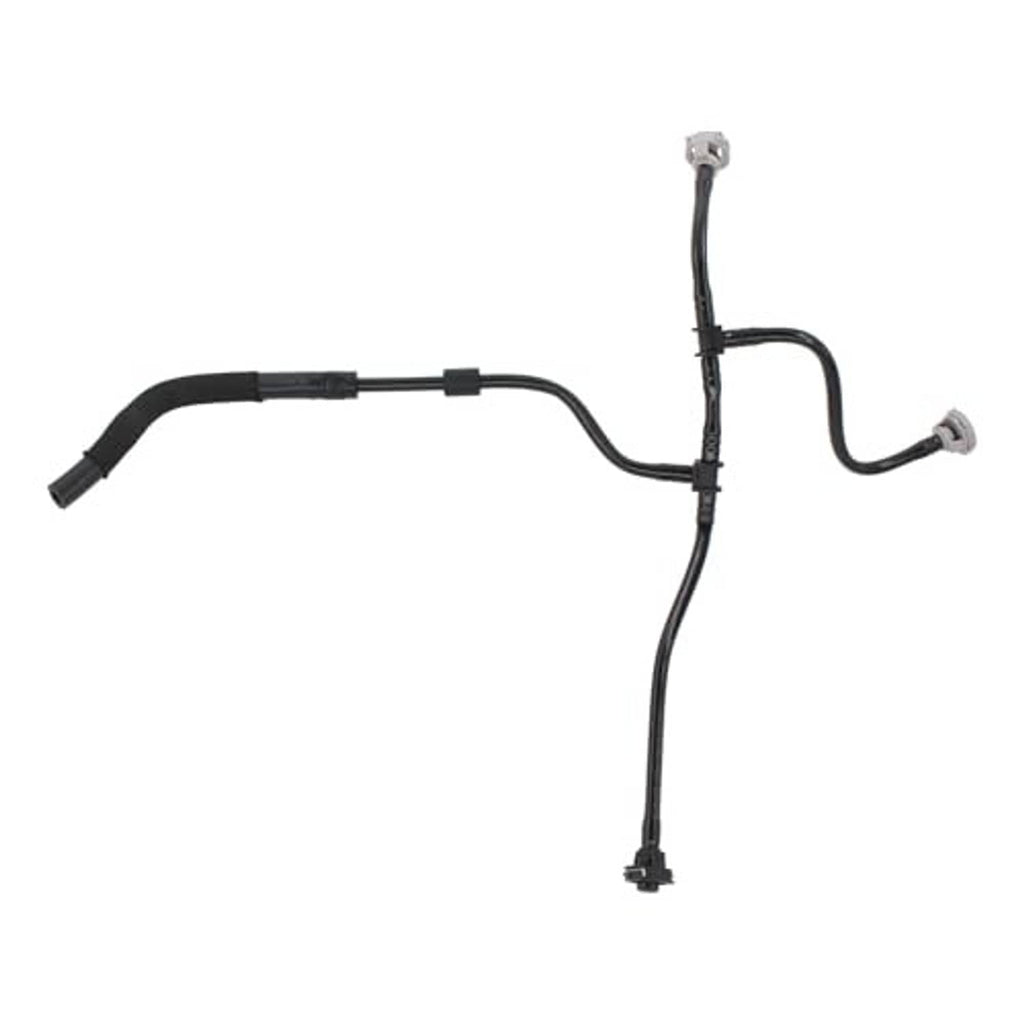 Coolant hose assembly with long vertical line and metal connector fittings