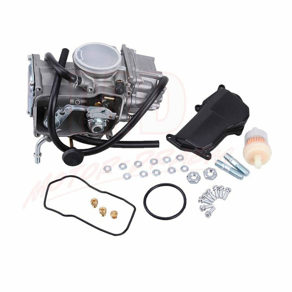 Carburetor kit with base cover and assorted screws, seals, and fuel filter