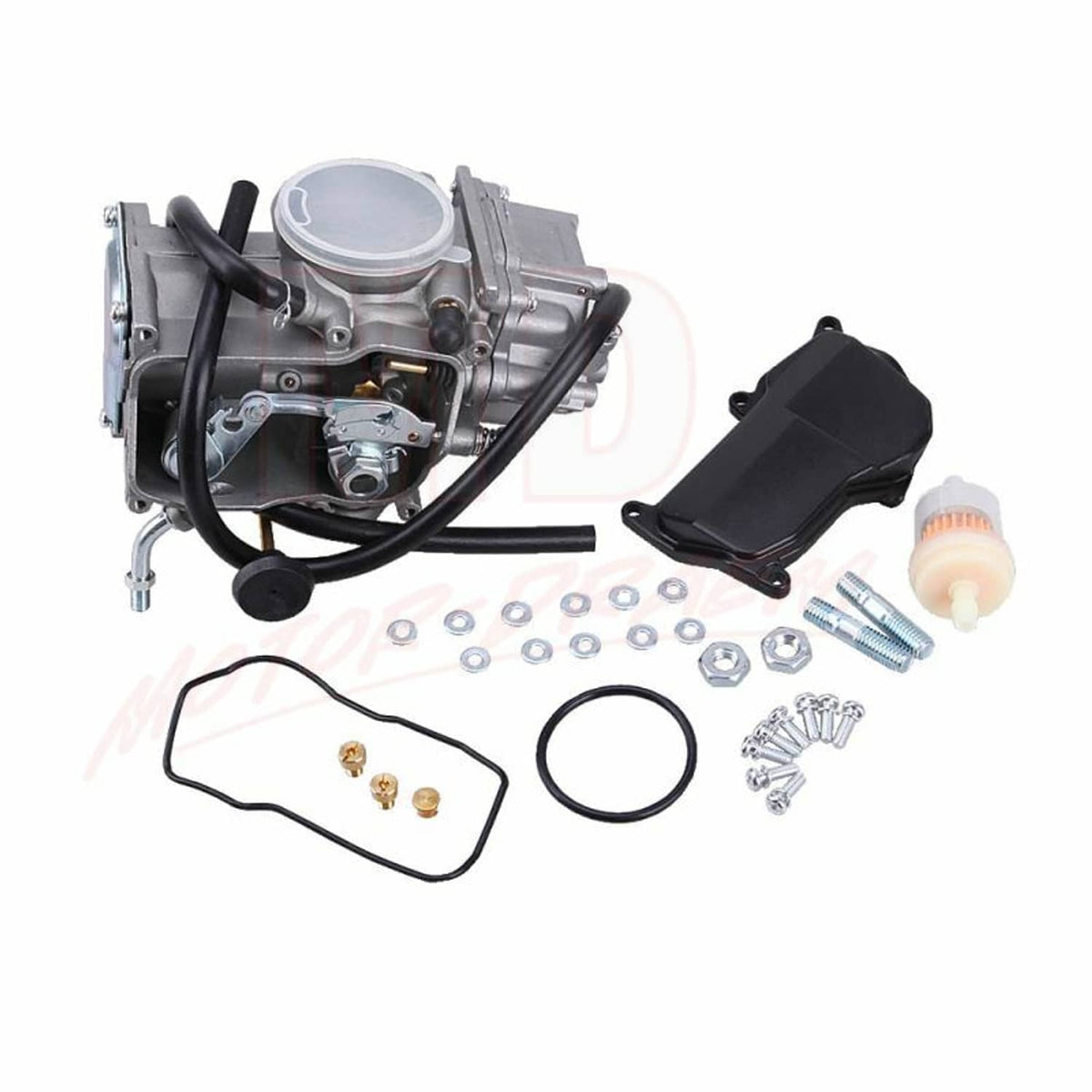 Carburetor kit with base cover and assorted screws, seals, and fuel filter