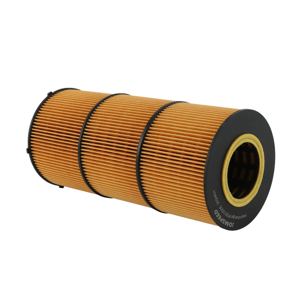 Fuel filter cartridge side view with orange pleated cylinder and black housing