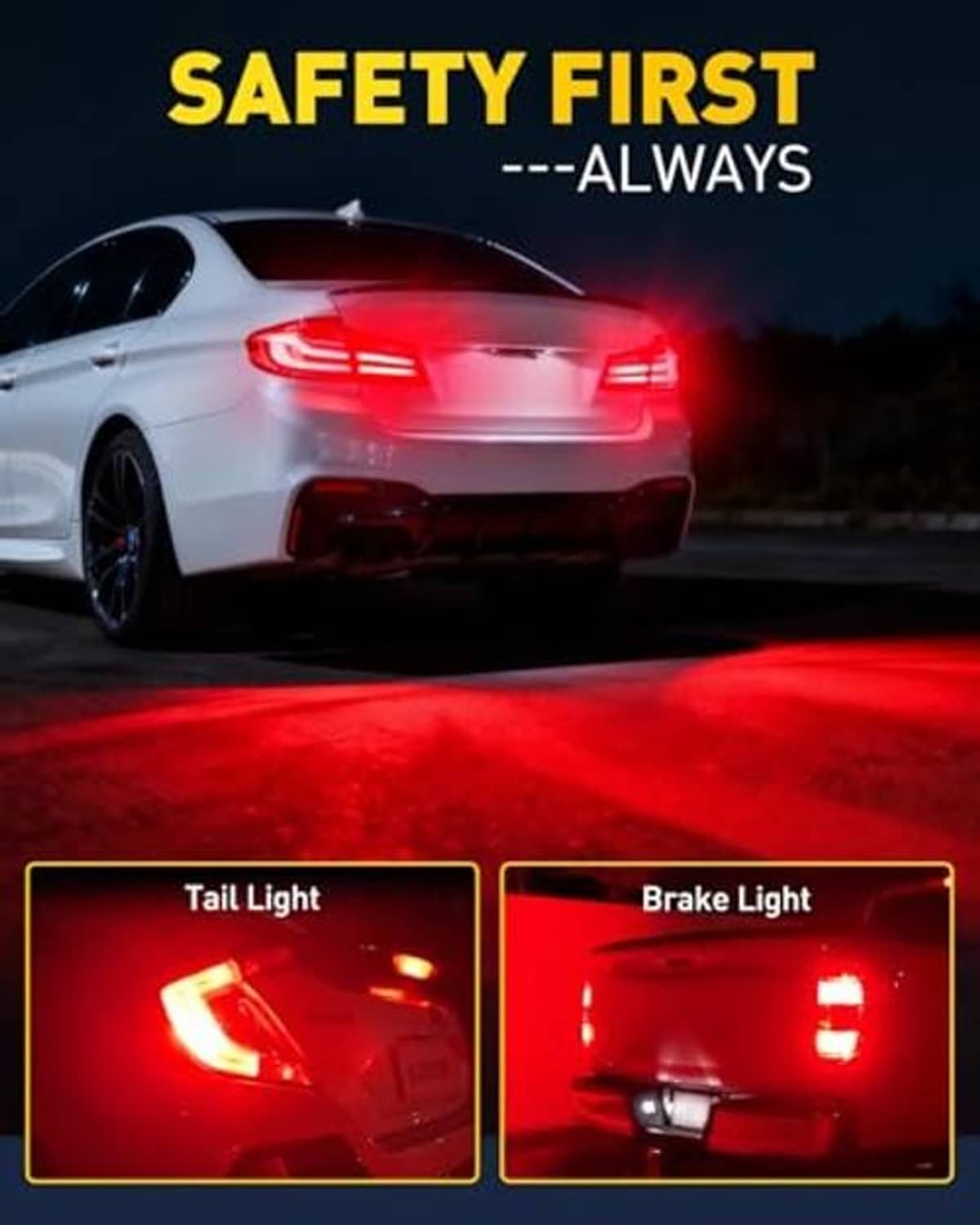 Car tail and brake lights glowing red with LED bulb illumination