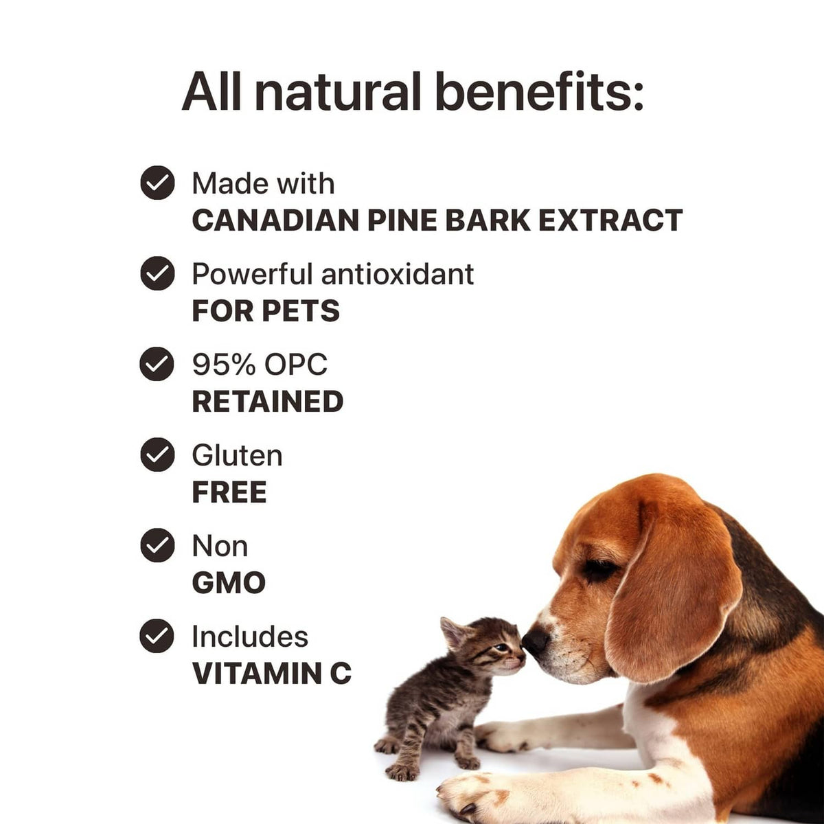 Tru-Pine for Pets antioxidant supplement bottle with dog and cat, natural benefits icons