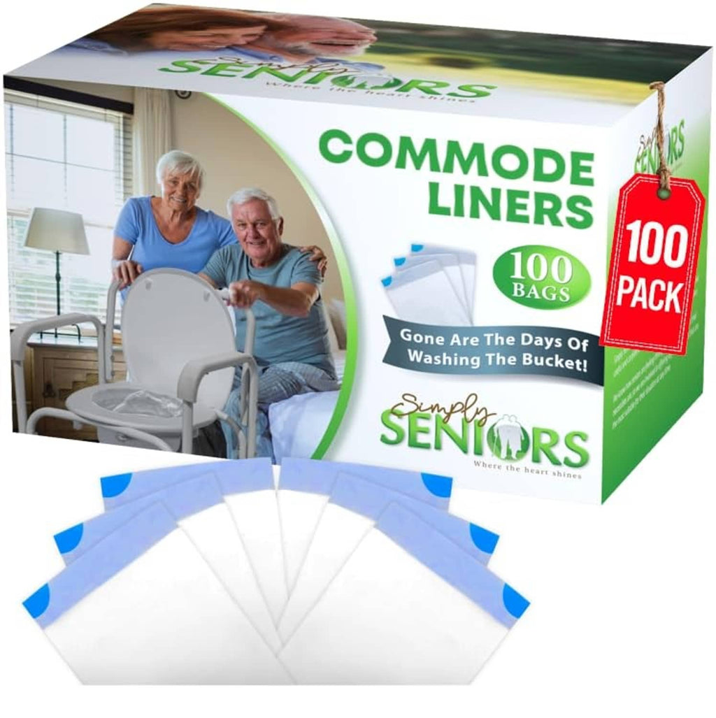Commode liner bag pack with folded white liners and blue seal tabs, 100-count box