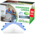 Commode liner bag pack with folded white liners and blue seal tabs, 100-count box