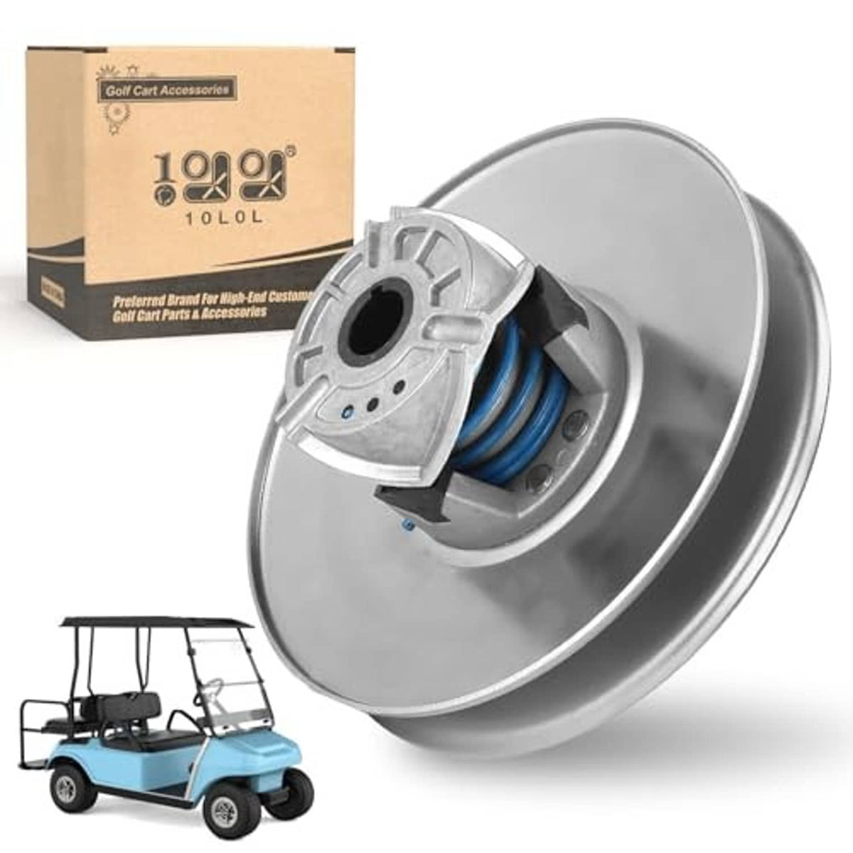 Silver driven clutch pulley with blue coil springs and mounting plate