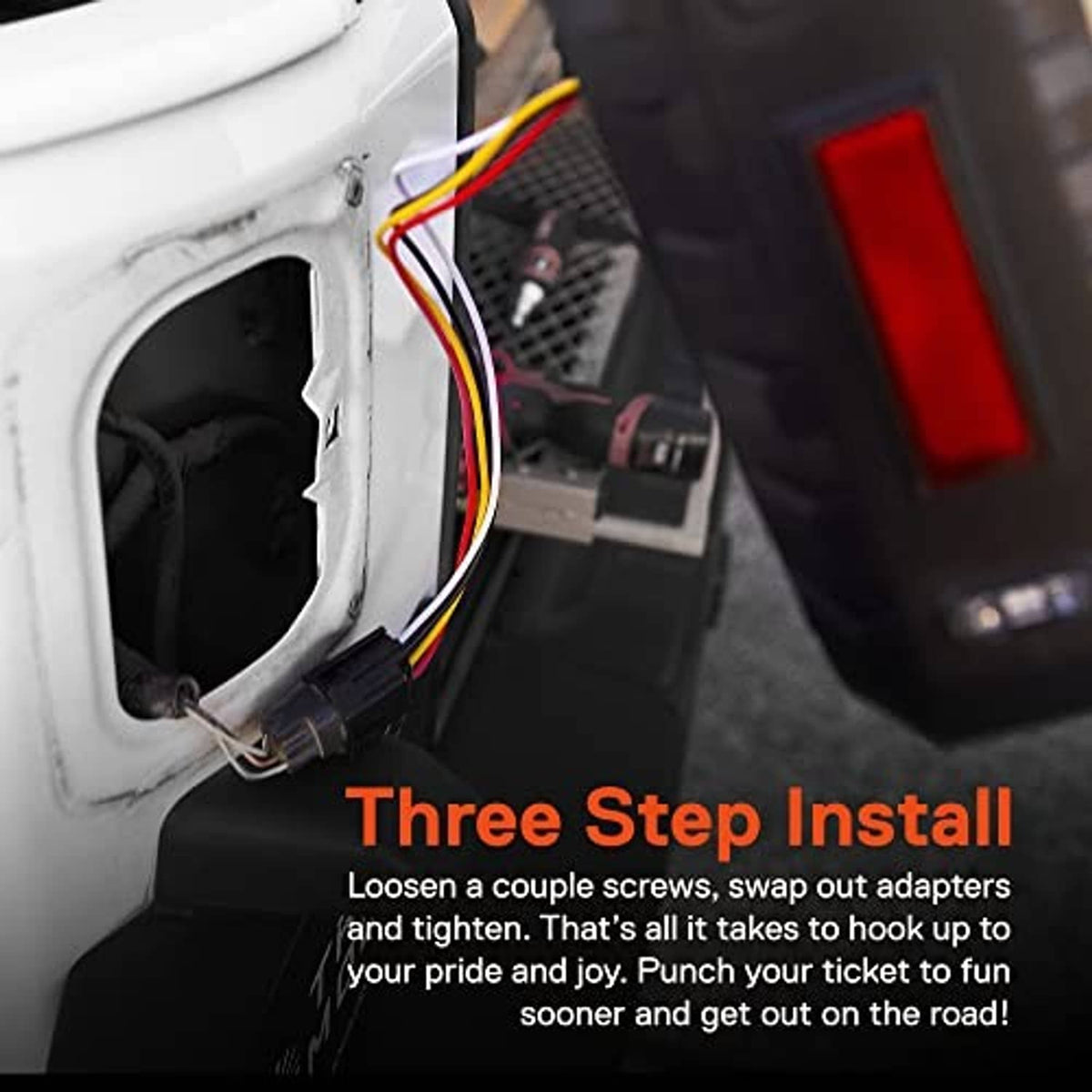 Tail light wiring and connector adapters with colored leads shown at install point