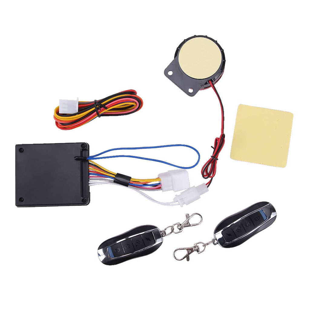 Motorcycle security alarm kit: black control box, red siren button, wiring, two key fobs