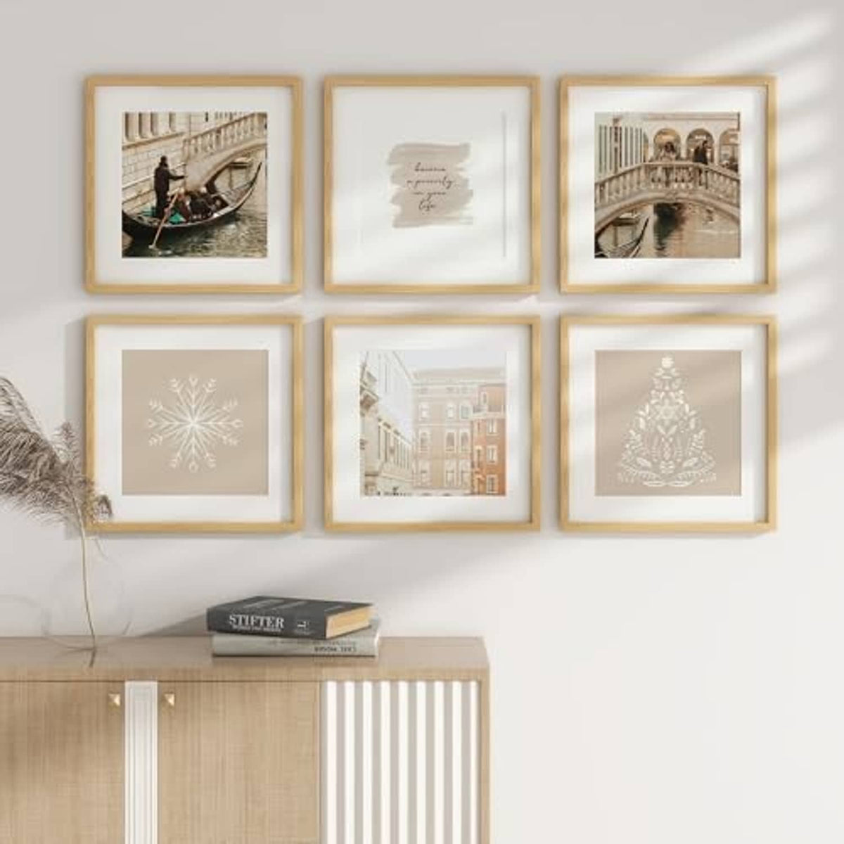 Set of natural oak picture frames in a grid display on a light wall