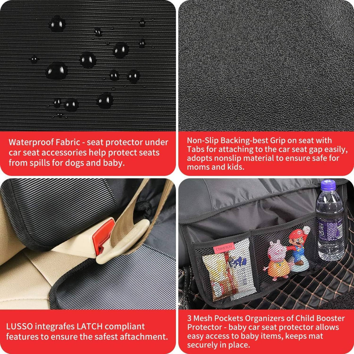 Black seat protector showing textured waterproof fabric and grippy non-slip backing