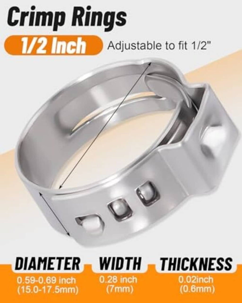 Stainless steel single-ear hose clamp ring, 1/2 in adjustable size