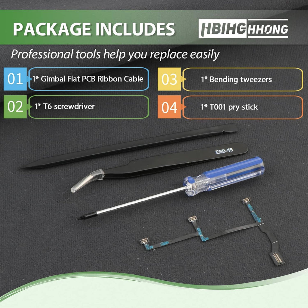 Gimbal flat PCB ribbon cable and included repair tools on dark surface