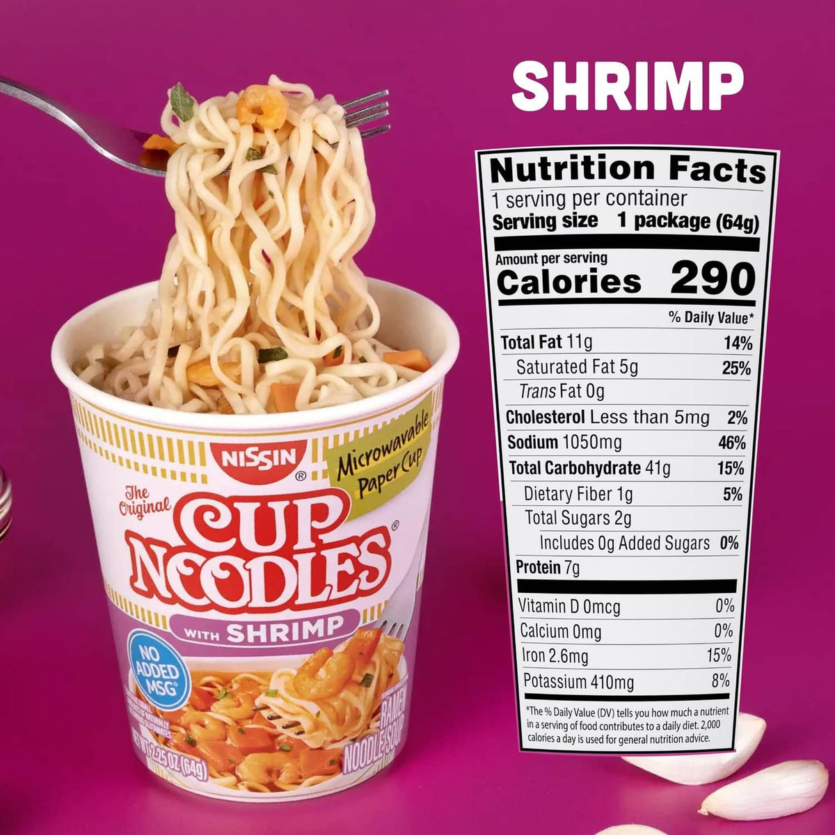 Shrimp Cup Noodles paper cup with noodles and Nutrition Facts panel