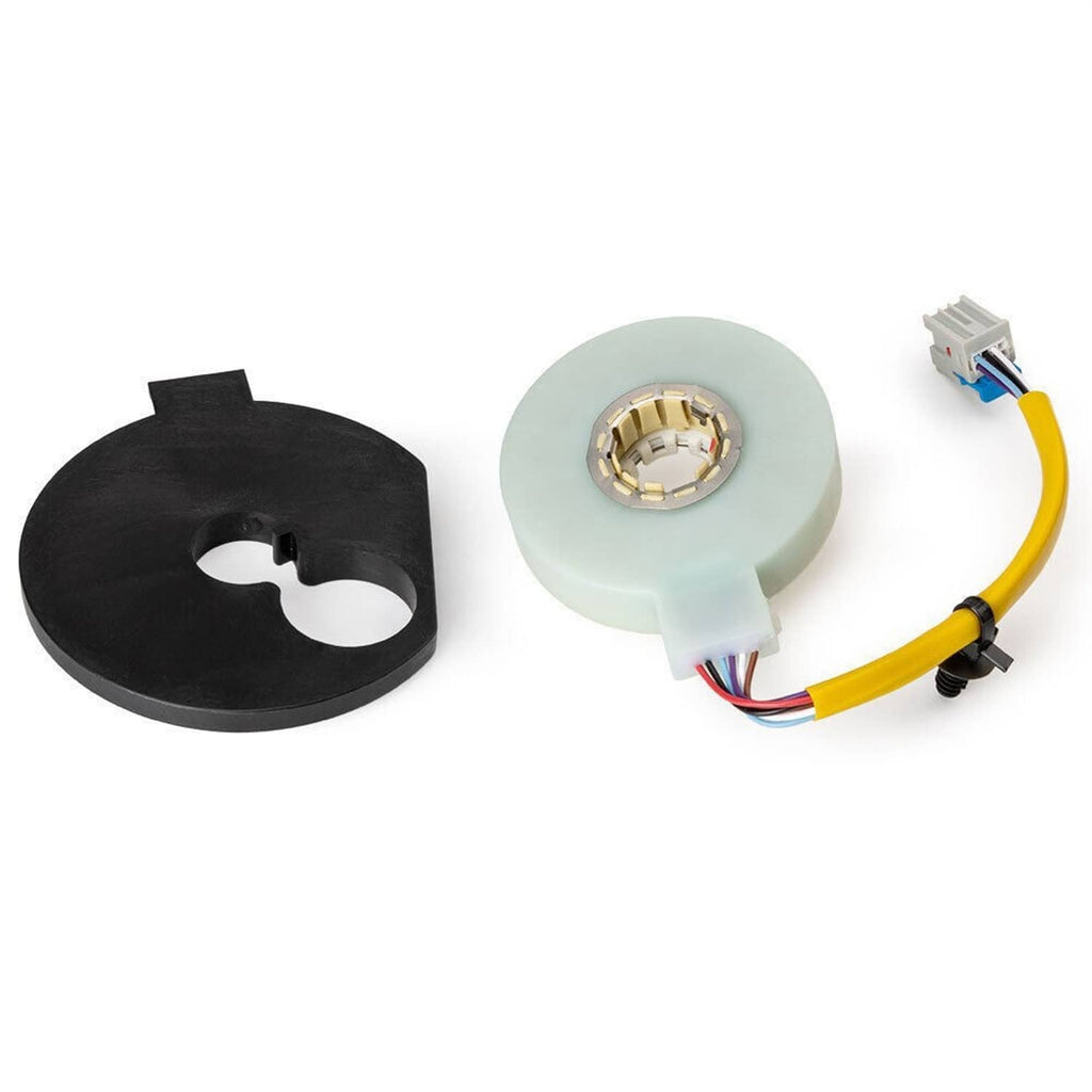 Power steering torque sensor set with pale sensor ring, yellow wiring, and black mounting piece