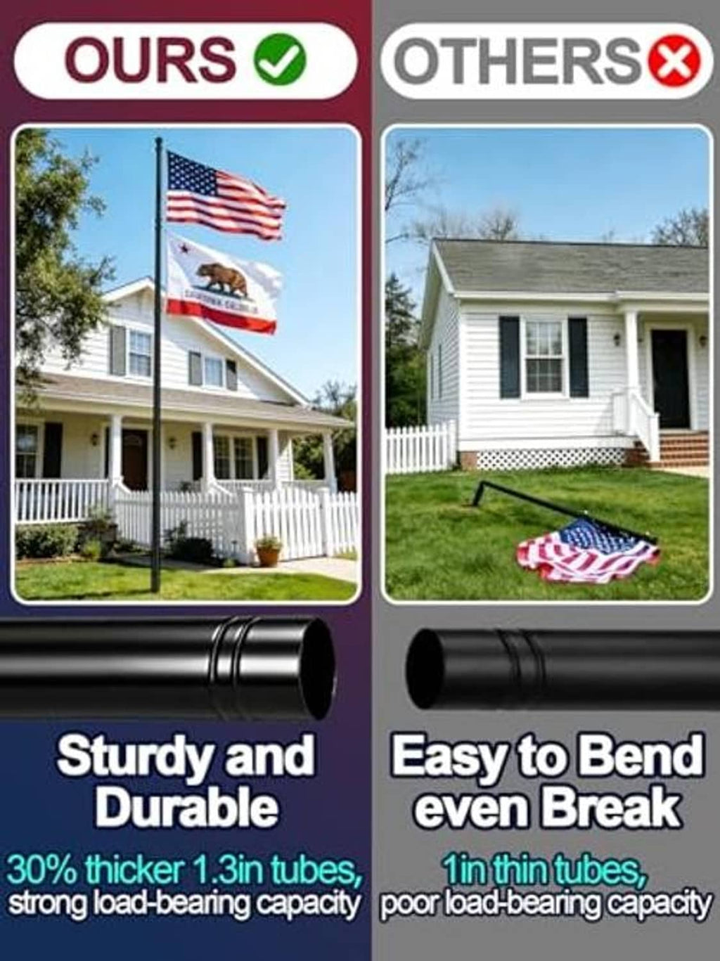 Black flag pole sections and base hardware set for durable in-ground mounting