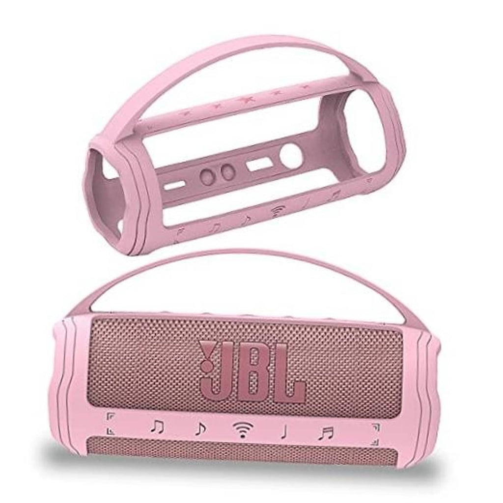 Pink silicone cover case for JBL Flip 6 speaker, showing front button panel cutouts