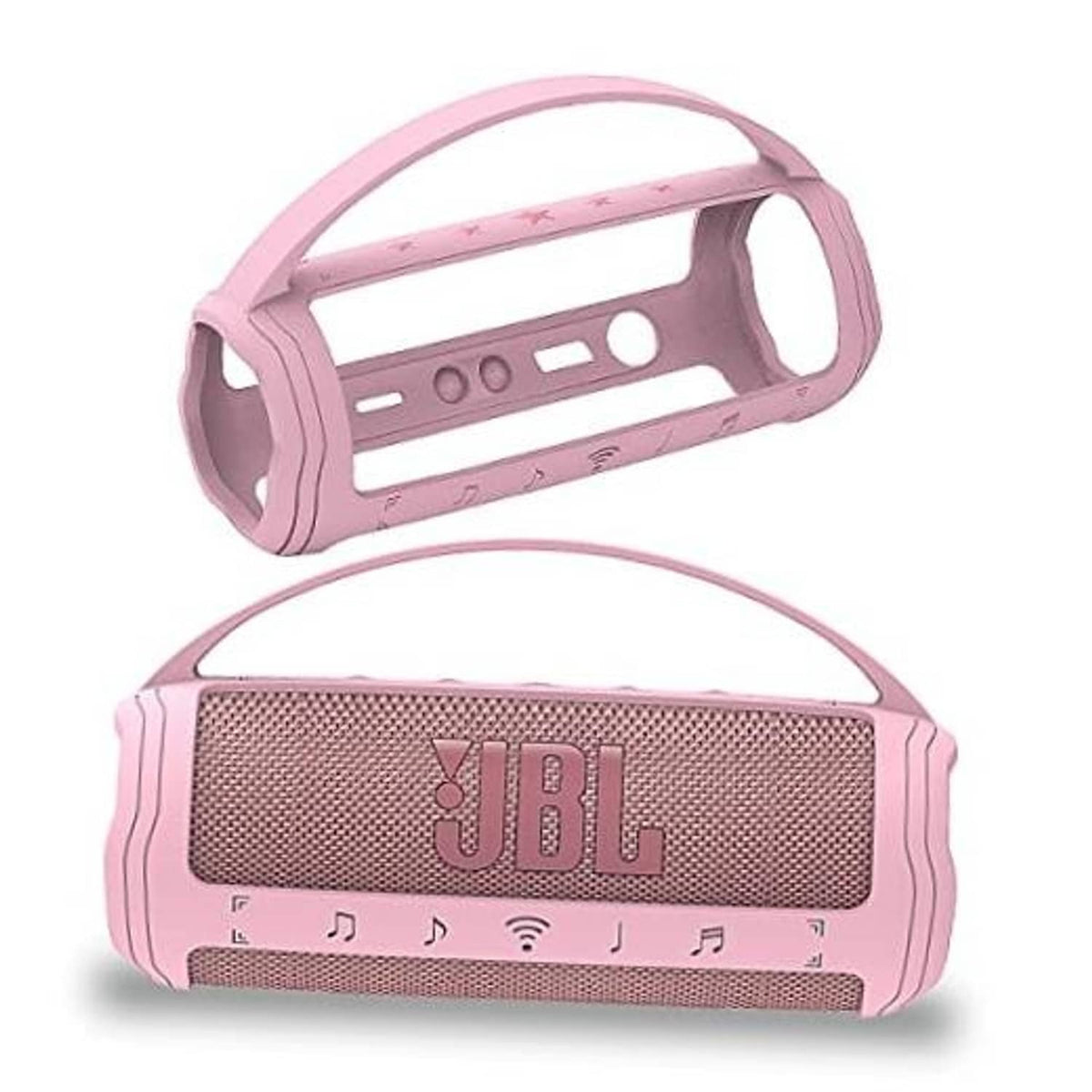 Pink silicone cover case for JBL Flip 6 speaker, showing front button panel cutouts