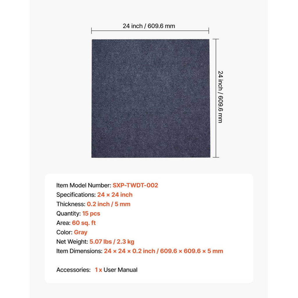 Gray 24 x 24 in square carpet tile with size and thickness diagram