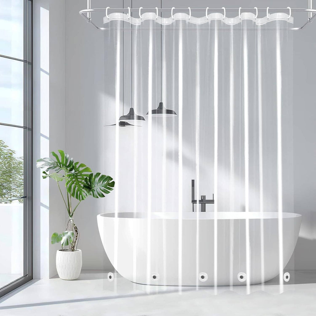 Clear shower curtain liner with metal grommets and 5 magnet weights