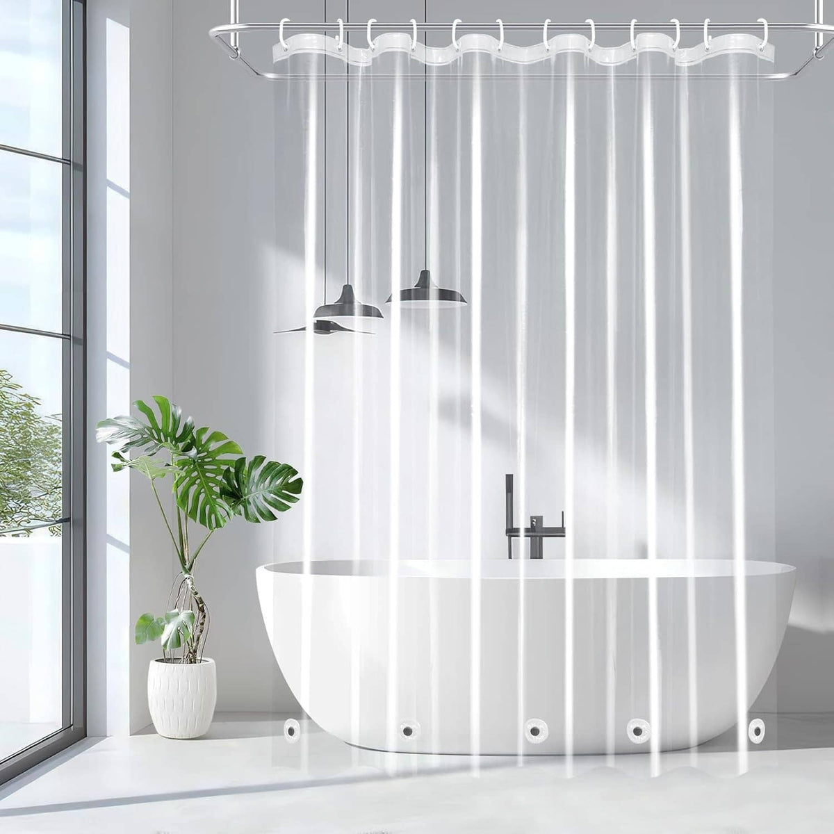 Clear shower curtain liner with metal grommets and 5 magnet weights