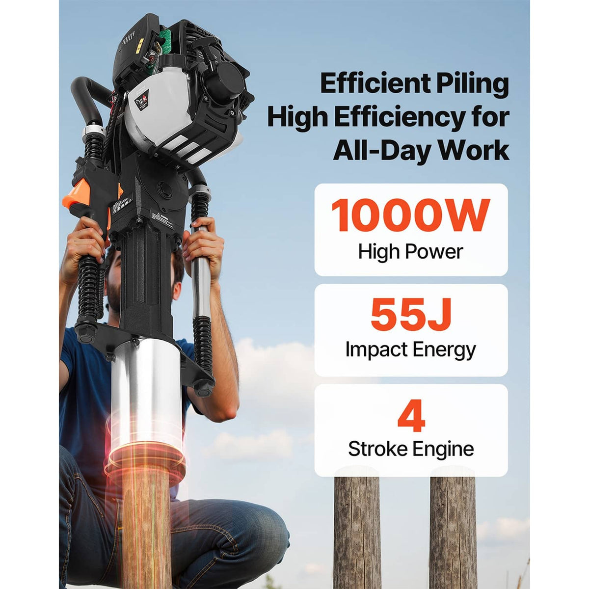 Gas post driver with 4-stroke engine and glowing impact area on steel base