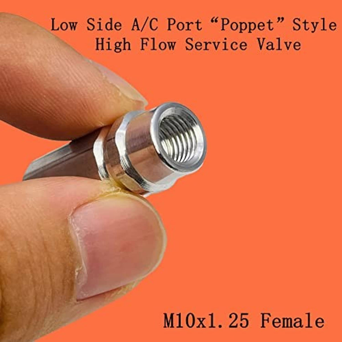 Air conditioning low side service valve with metal threaded poppet and inner seal