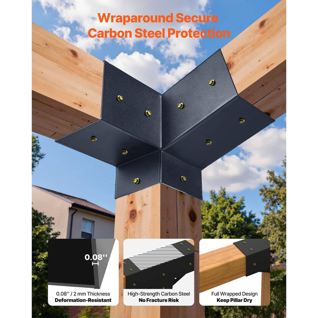Black carbon steel 3-way pergola bracket with cross center and bolt holes