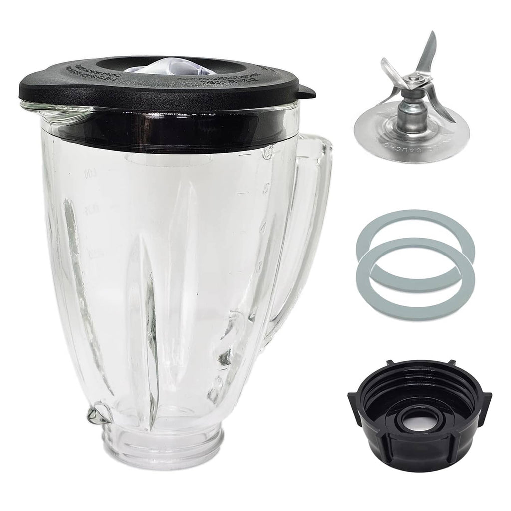 Transparent blender glass jar with black lid, blade assembly and gray seal ring