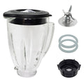 Transparent blender glass jar with black lid, blade assembly and gray seal ring