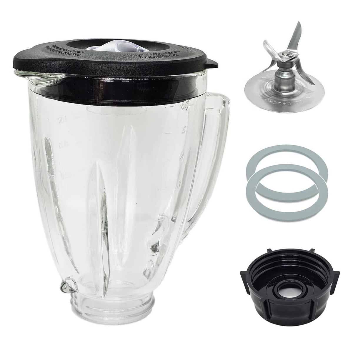 Transparent blender glass jar with black lid, blade assembly and gray seal ring