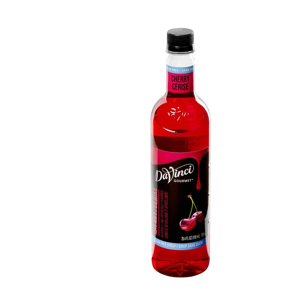 Sugar-free cherry syrup bottle with black cap, red label and bottle front
