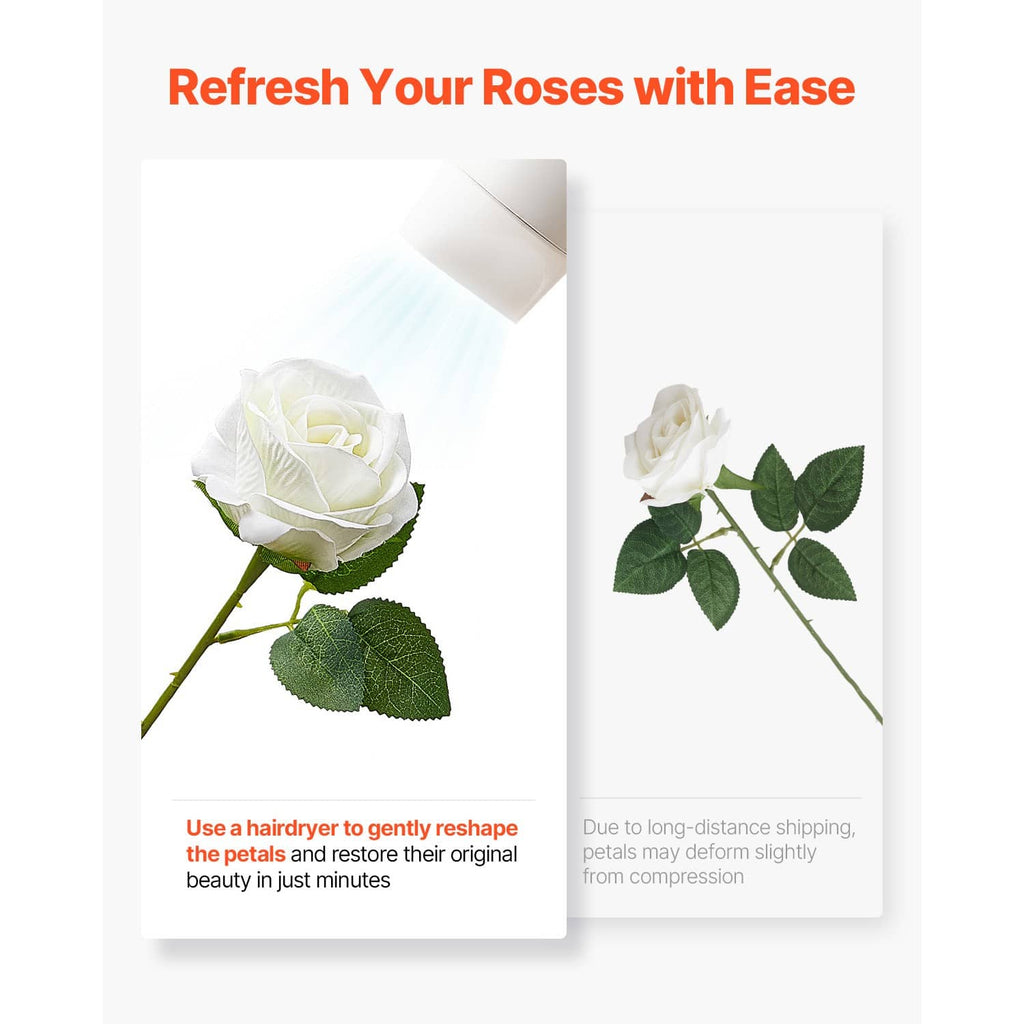 Single white artificial rose with green leaves on a stem