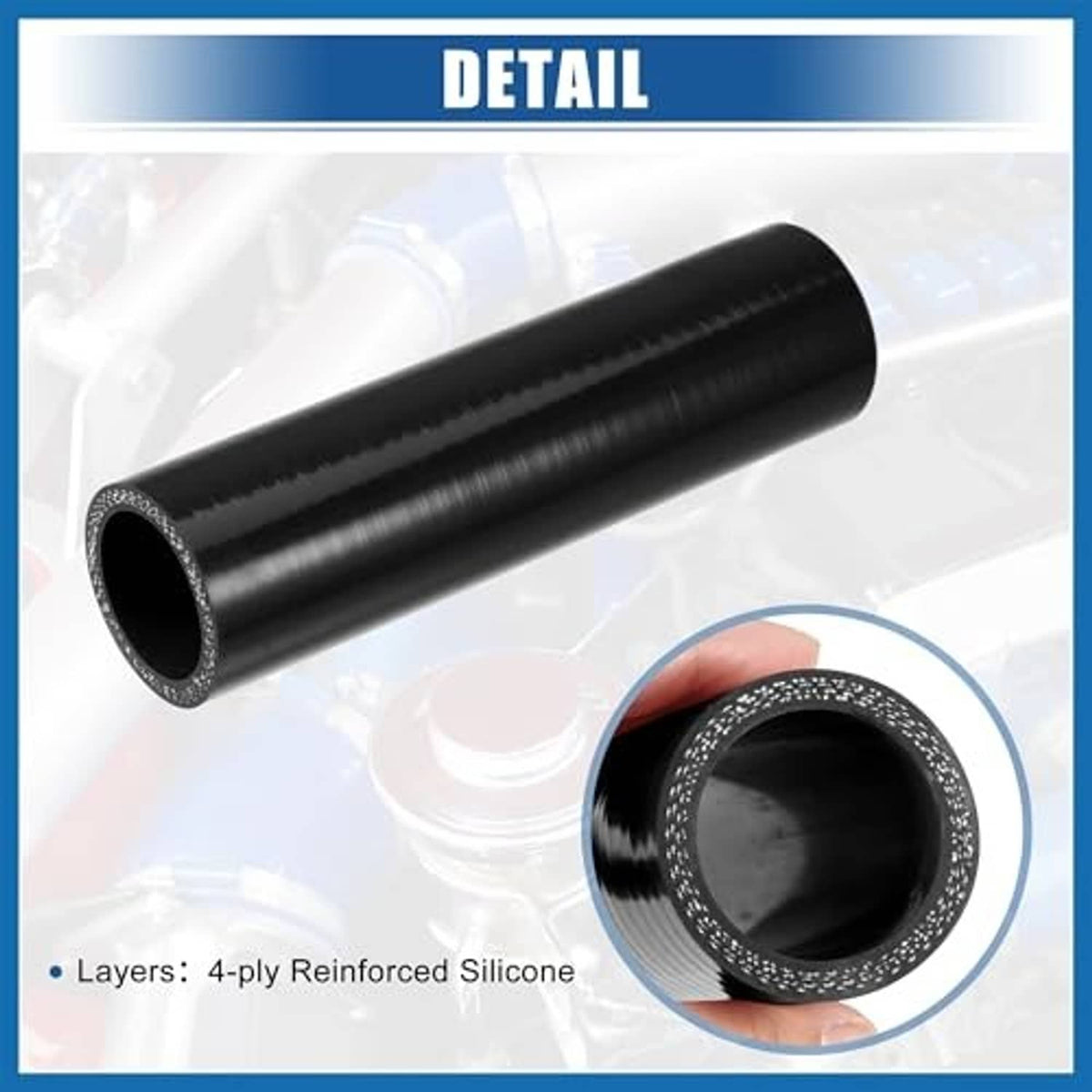 Black reinforced silicone coupler hose with textured outer braid, open end.