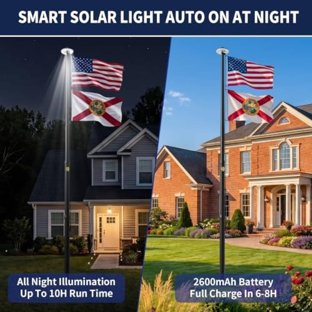Solar-lit outdoor flagpole at night with American flag beside a house