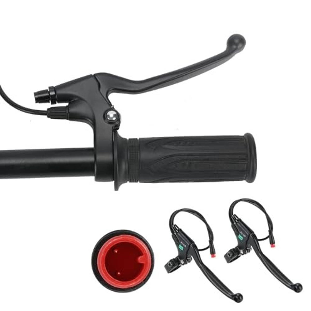 Black e-bike brake lever with textured rubber grip, plus two cables and red caps